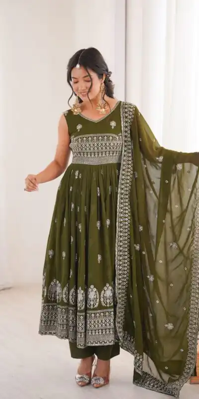 Alternative view of Shiny Mehendi Faux Georgette Sequence Work Anarkali Suit