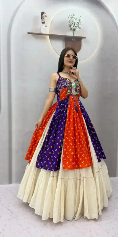 Alternative view of Shiny Orange Khadi Cotton Bandhej Mirror Work Lehenga Choli