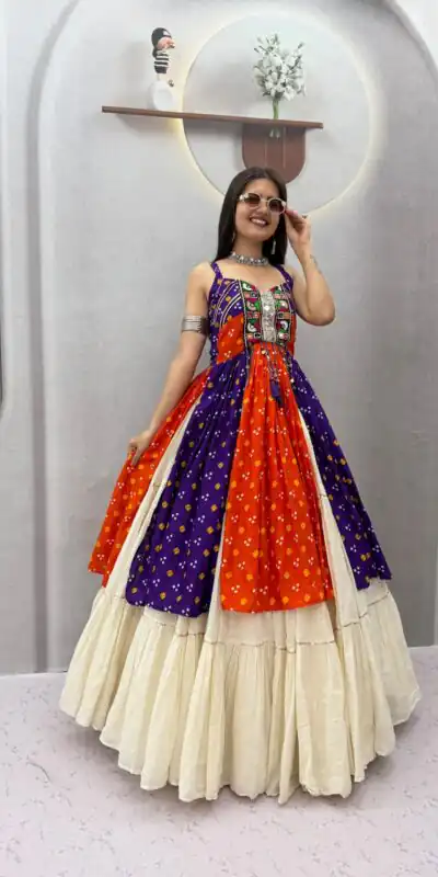 Shiny Orange Khadi Cotton Bandhej Mirror Work Lehenga Choli
