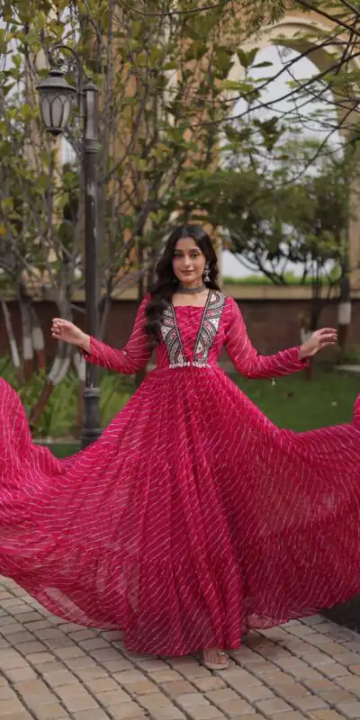 Shiny Pink Faux Georgette Laheriya Print Work Gown