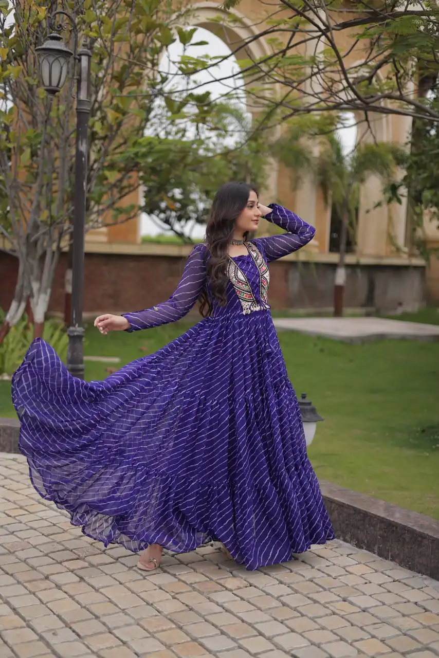 Shiny Purple Faux Georgette Laheriya Print Work Gown - Image 5