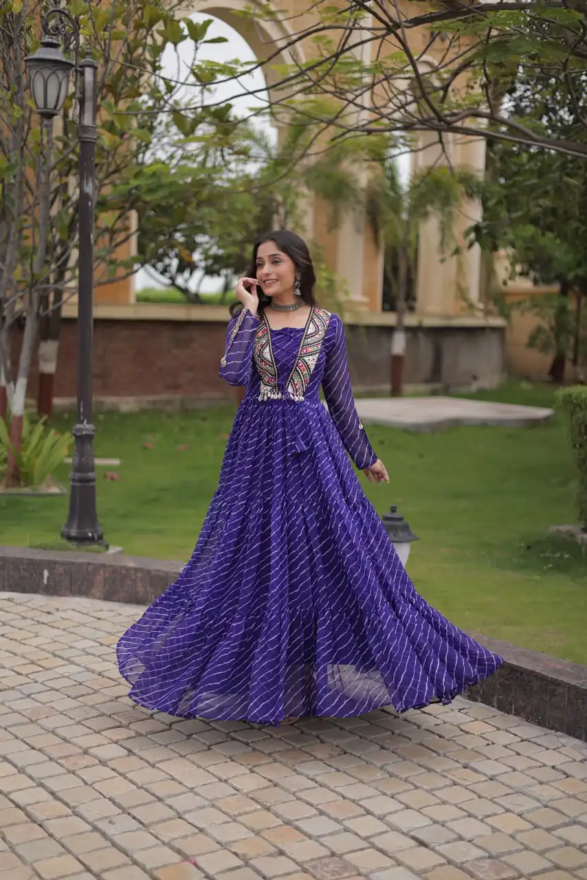 Shiny Purple Faux Georgette Laheriya Print Work Gown - Image 3
