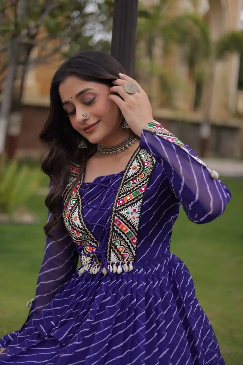 Shiny Purple Faux Georgette Laheriya Print Work Gown - Image 2