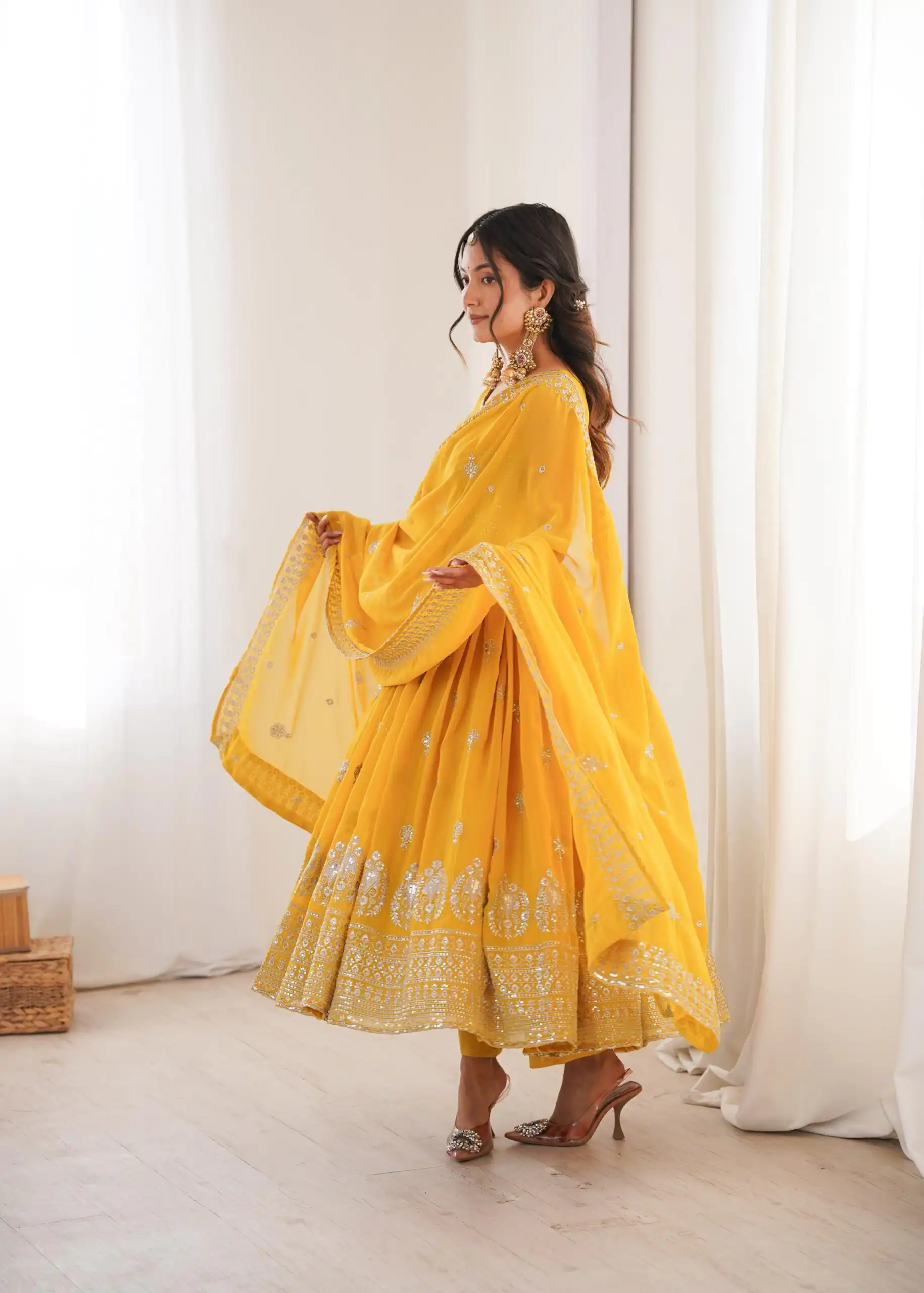 Shiny Yellow Faux Georgette Sequence Work Anarkali Suit - Image 4