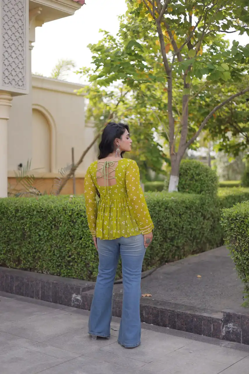 Solid Mehandi Faux Georgette Gamthi Bandhni Work Kurti - Image 4