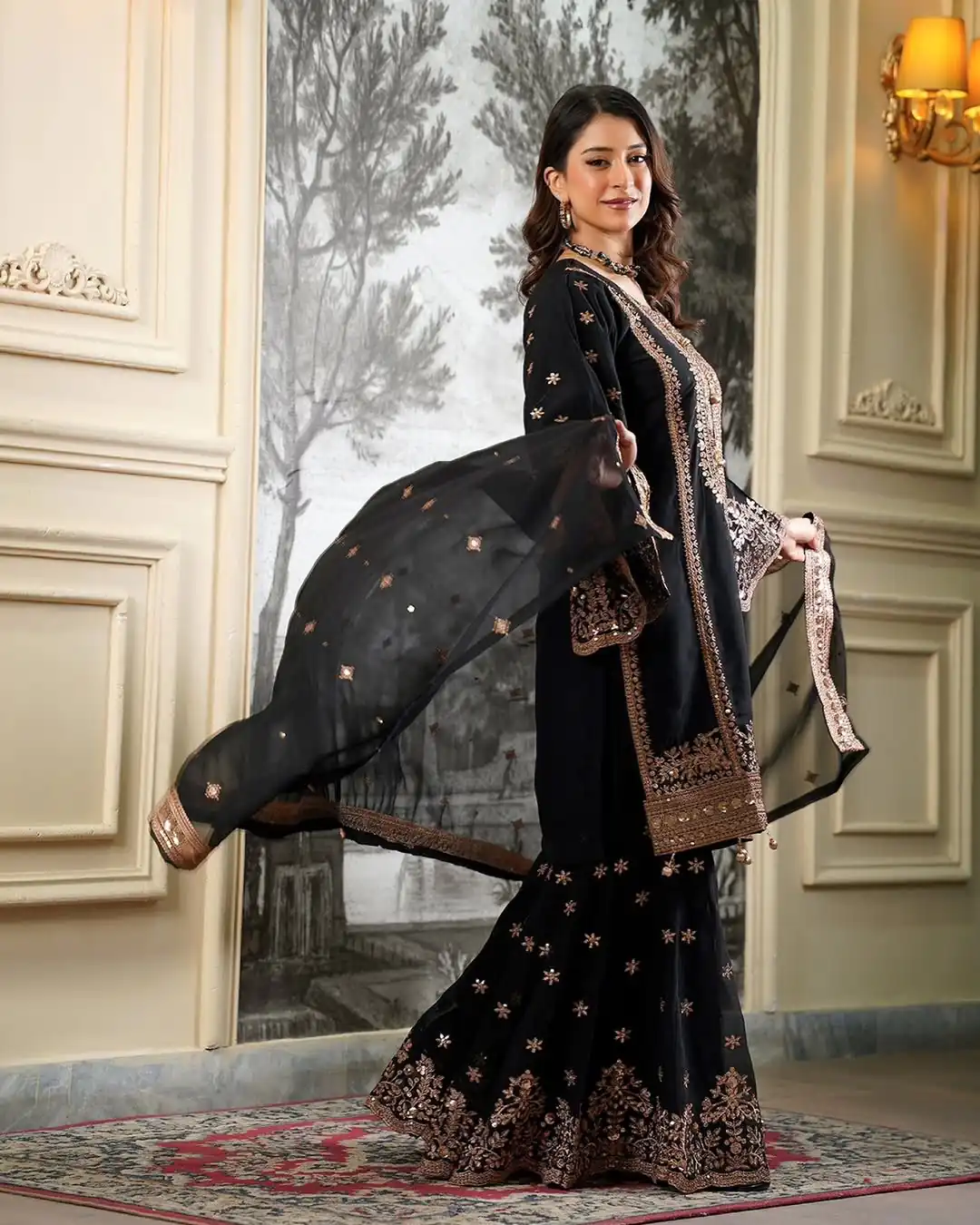 Super Black Fendy Silk Sequins Work Salwar Suit - Image 5