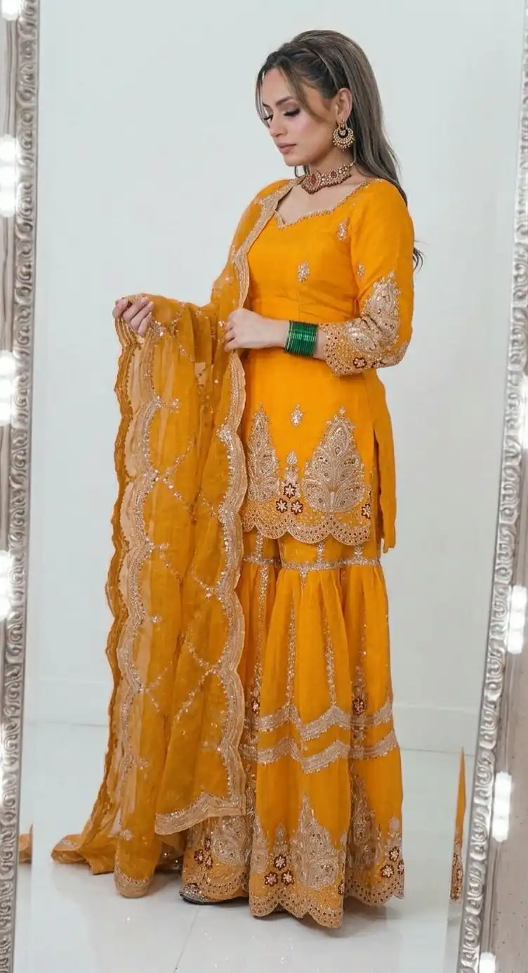 Super Yellow Fendy Crush Sequins Work Salwar Suit - Image 2