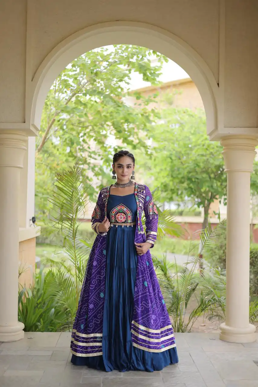 Trendy Navy Blue Rayon Patch Work Work Lehenga Choli - Image 4