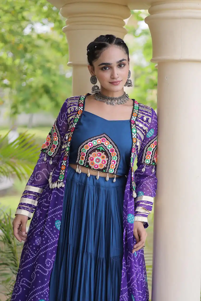 Trendy Navy Blue Rayon Patch Work Work Lehenga Choli - Image 2