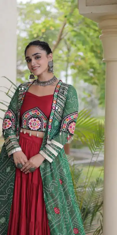 Alternative view of Trendy Red Rayon Patch Work Work Lehenga Choli