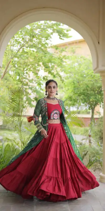 Trendy Red Rayon Patch Work Work Lehenga Choli