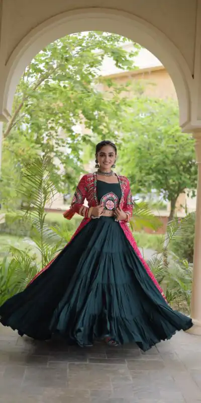 Trendy Teal Rayon Patch Work Work Lehenga Choli