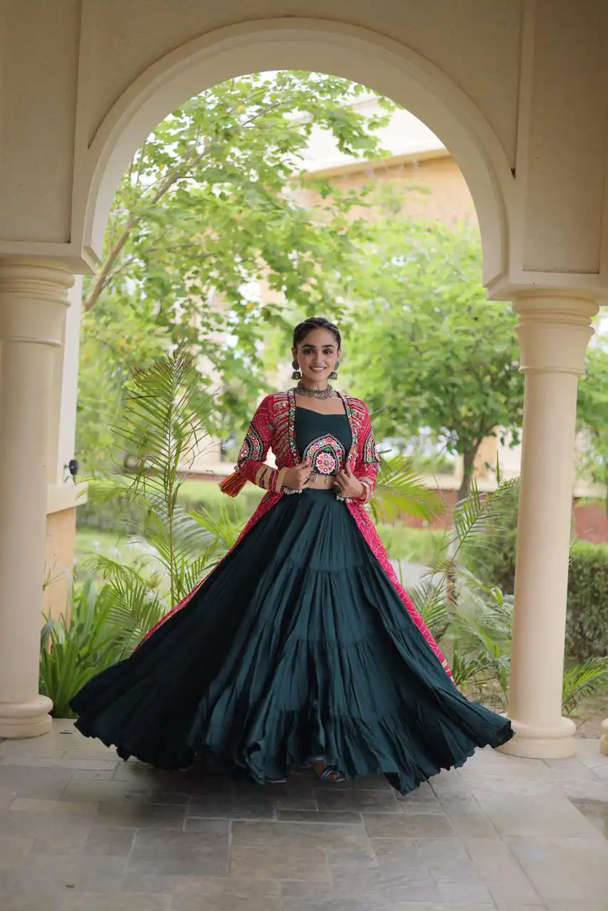 Trendy Teal Rayon Patch Work Work Lehenga Choli