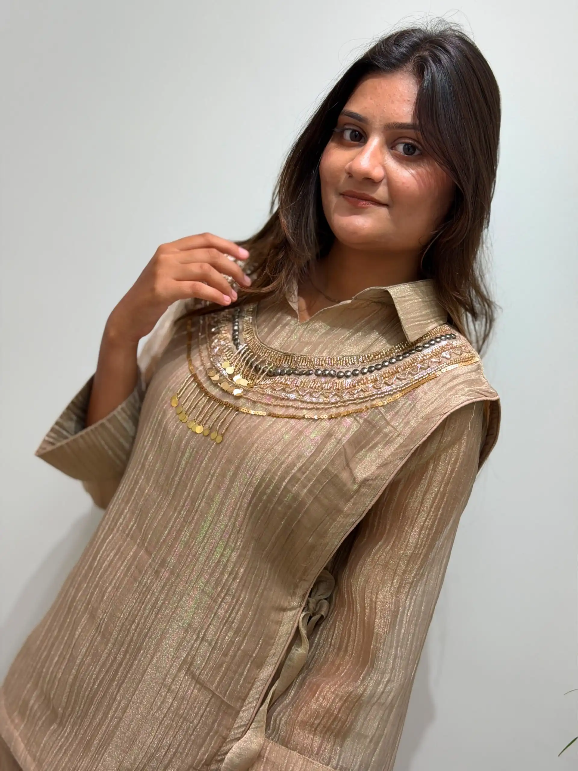 Unique Cream Salsa Silk Hand Work Kurti - Image 4