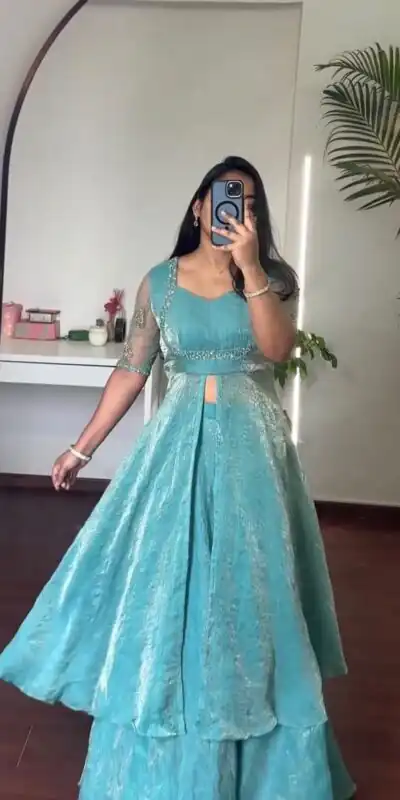 KD 1645 Blue Fendy Silk Gown with Embroidery Work & Sequins Work. Special Price ₹2399. Delivery 4-6 Working Days. Shop now. | Gowns, Bollywood Gowns, Creative Gowns, Designer Gowns, Embroidered Gowns, Party Wear Gowns