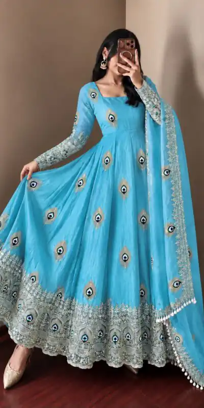 SRK 5372 Blue Fendy Silk Gown with Embroidery Work & Sequins Work. Special Price ₹2799. Delivery 4-6 Working Days. Shop now. | Gowns, Bollywood Gowns, Creative Gowns, Designer Gowns, Embroidered Gowns, Party Wear Gowns