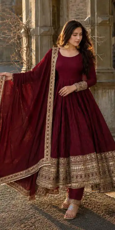 ZB 5068 Maroon Fendy Silk Gown with Embroidery Work & Sequins Work. Special Price ₹23699. Delivery 4-6 Working Days. Shop now. | Gowns, Bollywood Gowns, Creative Gowns, Designer Gowns, Embroidered Gowns, Party Wear Gowns