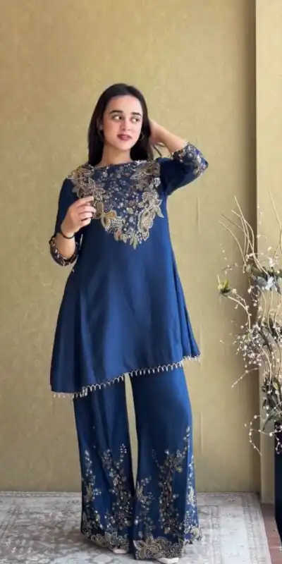 ST 1206 Navy Blue Malay Crepe Kurti with Embroidery Work & Bead Work. Available at ₹2199 only. Delivery 4-6 Working Days. Shop now. | Kurti, Bollywood Kurti, Creative Kurtis, Designer Kurti, Party Wear Kurti, Selfie Kurti