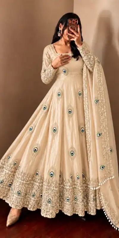 SRK 5372 Off White Fendy Silk Gown with Embroidery Work & Sequins Work. Special Price ₹2799. Delivery 4-6 Working Days. Shop now. | Gowns, Bollywood Gowns, Creative Gowns, Designer Gowns, Embroidered Gowns, Party Wear Gowns