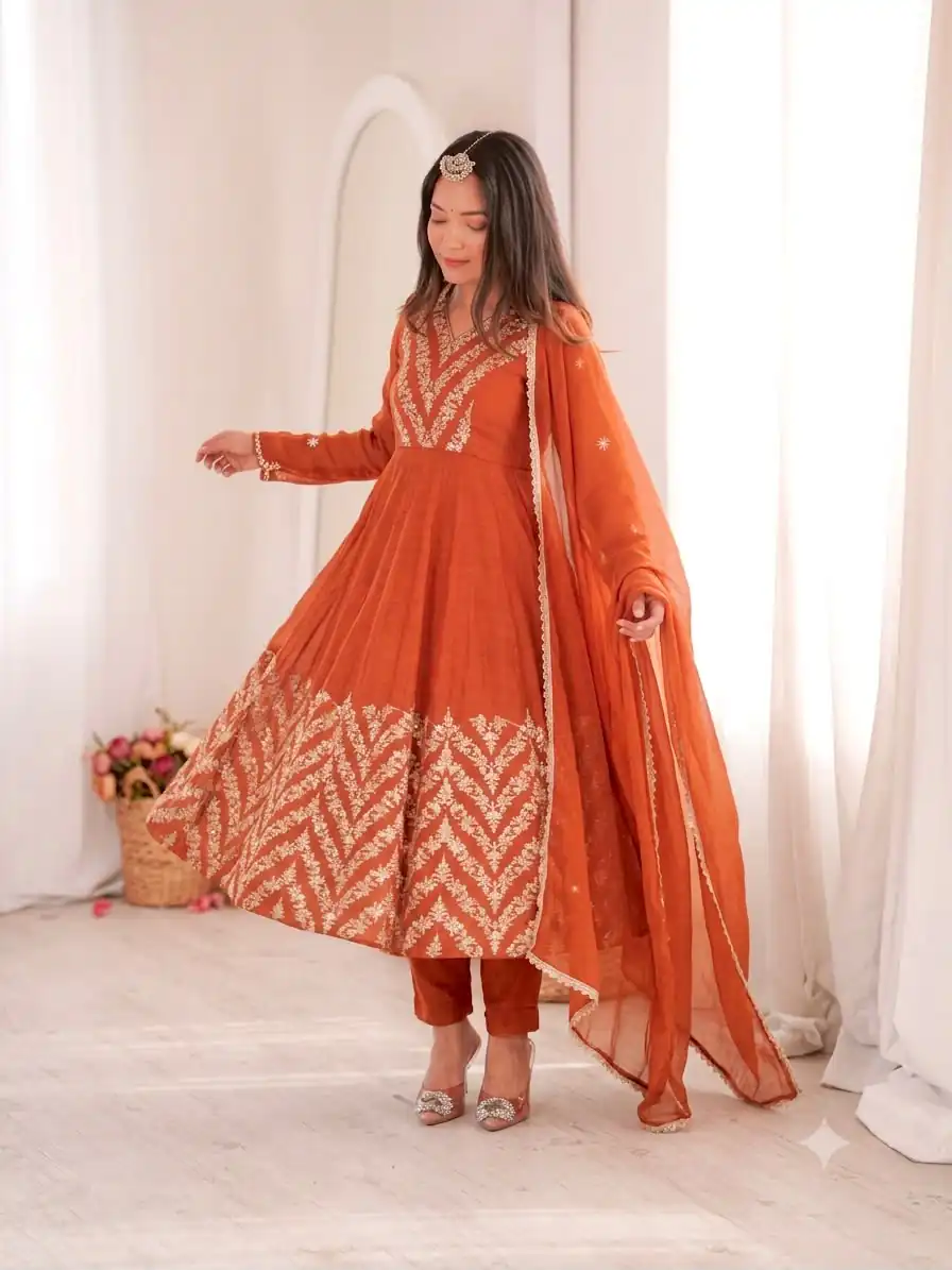 JF 050 Orange Embroidery Work & Sequins Work Salwar Suit in Peach Crunchy Silk. Festive Deal ₹2099. Delivery 4-6 Working Days. Shop now. | Anarkali Suits, Bollywood Anarkali, Creative-Anarkali, Designer Anarkali, Embroidered Anarkali, Party Wear Anarkali