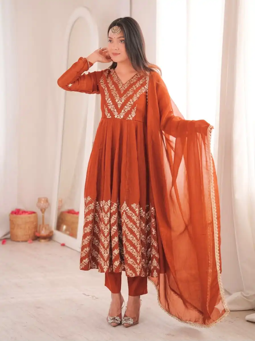 JF 050 Orange Embroidery Work & Sequins Work Salwar Suit in Peach Crunchy Silk. Festive Deal ₹2099. Delivery 4-6 Working Days. Shop now. | Anarkali Suits, Bollywood Anarkali, Creative-Anarkali, Designer Anarkali, Embroidered Anarkali, Party Wear Anarkali
