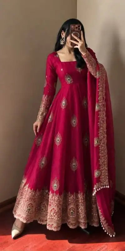 SRK 5372 Red Fendy Silk Gown with Embroidery Work & Sequins Work. Special Price ₹2799. Delivery 4-6 Working Days. Shop now. | Gowns, Bollywood Gowns, Creative Gowns, Designer Gowns, Embroidered Gowns, Party Wear Gowns