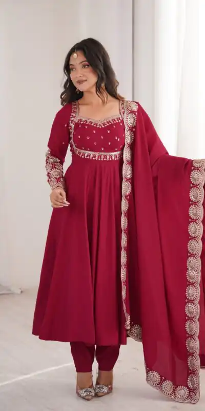 ZF 5026 Maroon Colour Roman Silk Salwar Suit with Embroidery Work. Best Price ₹2399. Delivery 4-6 Working Days. Online Shop now. | Anarkali Suits, Bollywood Anarkali, Creative-Anarkali, Designer Anarkali, Embroidered Anarkali, Party Wear Anarkali
