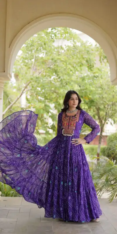 KA 1276 Purple in Colour Faux Georgette Bandhani Print Work Gown. Available at ₹2069 only. Delivery 4-6 Working Days. Shop now. | Gowns, Bollywood Gowns, Creative Gowns, Designer Gowns, Embroidered Gowns, Party Wear Gowns