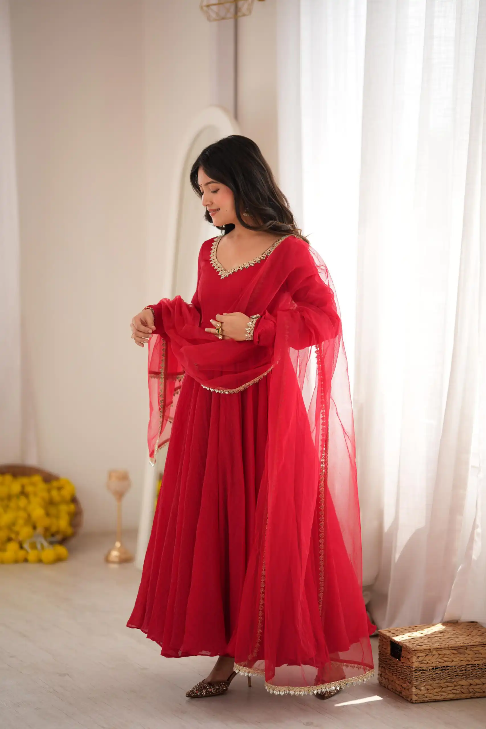 SRK 5355 Red Doremon Crush Gown with Lace Work & Mirror Work. Exclusive Offer ₹2099. Delivery 4-6 Working Days. Shop now. | Gowns, Bollywood Gowns, Creative Gowns, Designer Gowns, Embroidered Gowns, Party Wear Gowns