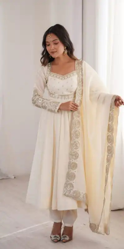ZF 5026 White Colour Roman Silk Salwar Suit with Embroidery Work. Best Price ₹2399. Delivery 4-6 Working Days. Online Shop now. | Anarkali Suits, Bollywood Anarkali, Creative-Anarkali, Designer Anarkali, Embroidered Anarkali, Party Wear Anarkali
