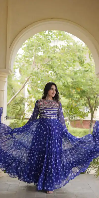 KA 1277 Blue in Colour Faux Georgette Bandhani Print Work Gown. Available at ₹2119 only. Delivery 4-6 Working Days. Shop now. | Gowns, Bollywood Gowns, Creative Gowns, Designer Gowns, Embroidered Gowns, Party Wear Gowns