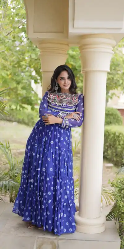 KA 1277 Blue in Colour Faux Georgette Bandhani Print Work Gown. Available at ₹2119 only. Delivery 4-6 Working Days. Shop now. | Gowns, Bollywood Gowns, Creative Gowns, Designer Gowns, Embroidered Gowns, Party Wear Gowns