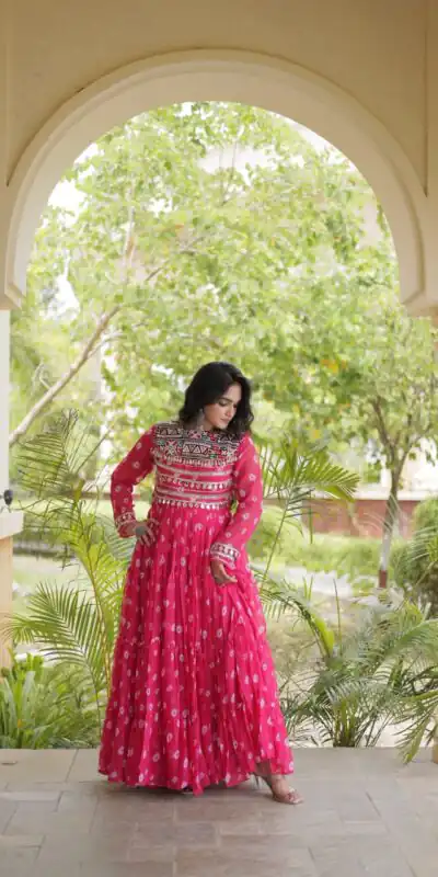 KA 1277 Pink in Colour Faux Georgette Bandhani Print Work Gown. Available at ₹2119 only. Delivery 4-6 Working Days. Shop now. | Gowns, Bollywood Gowns, Creative Gowns, Designer Gowns, Embroidered Gowns, Party Wear Gowns