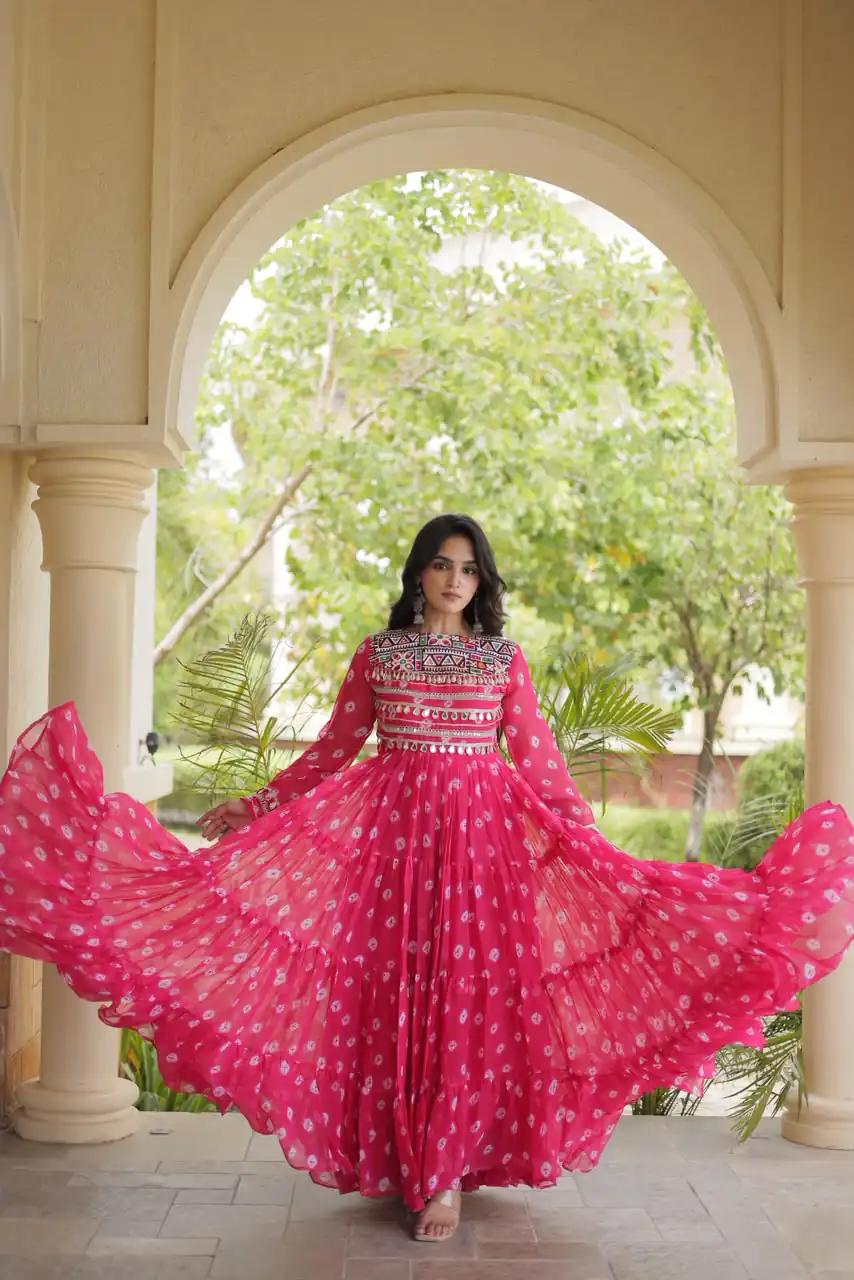 KA 1277 Pink in Colour Faux Georgette Bandhani Print Work Gown. Available at ₹2119 only. Delivery 4-6 Working Days. Shop now. | Gowns, Bollywood Gowns, Creative Gowns, Designer Gowns, Embroidered Gowns, Party Wear Gowns