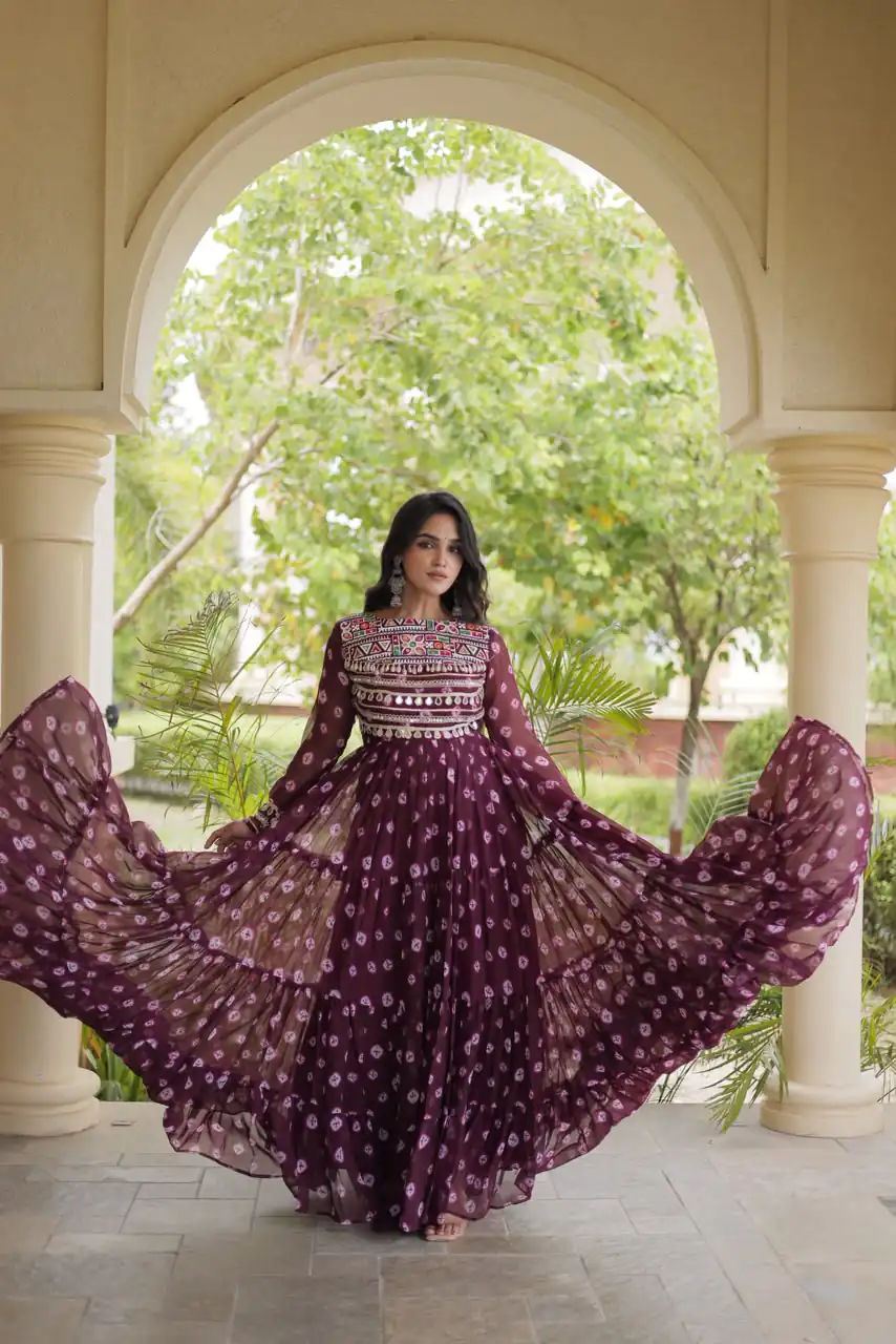 KA 1277 Wine in Colour Faux Georgette Bandhani Print Work Gown. Available at ₹2119 only. Delivery 4-6 Working Days. Shop now. | Gowns, Bollywood Gowns, Creative Gowns, Designer Gowns, Embroidered Gowns, Party Wear Gowns