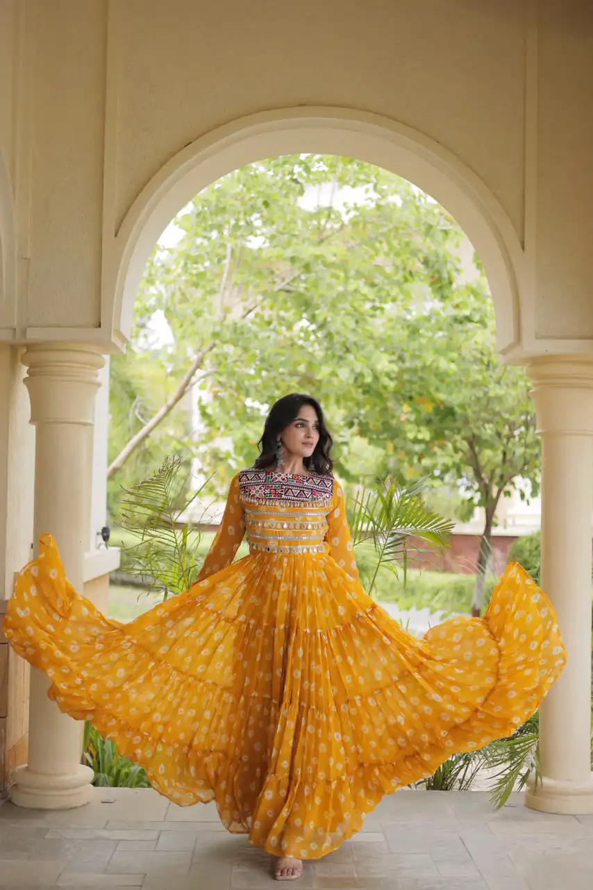 KA 1277 Yellow in Colour Faux Georgette Bandhani Print Work Gown. Available at ₹2119 only. Delivery 4-6 Working Days. Shop now. | Gowns, Bollywood Gowns, Creative Gowns, Designer Gowns, Embroidered Gowns, Party Wear Gowns