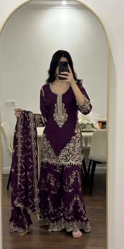 ZSR 3187 Purple Faux Georgette Salwar Suit with Mirror Work & Embroidery Work. Get it for ₹2349. Delivery 4-6 Working Days. Shop now. | Jump Suits, Salwar suit, Casual Suits, Creative suits, Designer Suits, Palazzo Suits, Party Wear Suits, Patiala Suits, Straight Suits