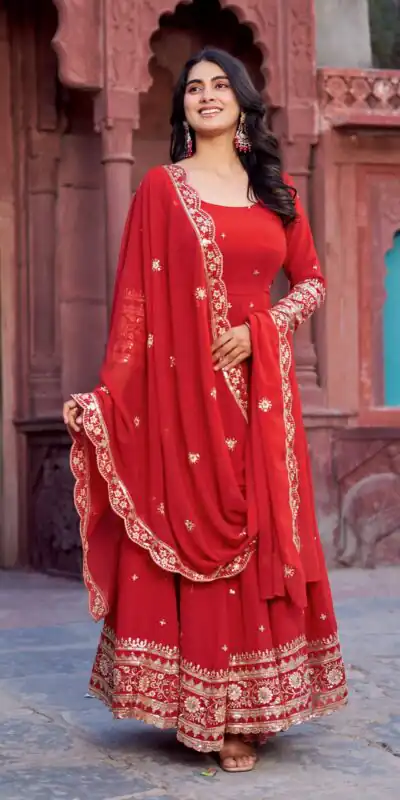 SP 23 Red Faux Georgette Gown with Mirror Work & Embroidery Work. Get it for ₹2299. Delivery 4-6 Working Days. Online Shop now. | Gowns, Bollywood Gowns, Creative Gowns, Designer Gowns, Embroidered Gowns, Party Wear Gowns