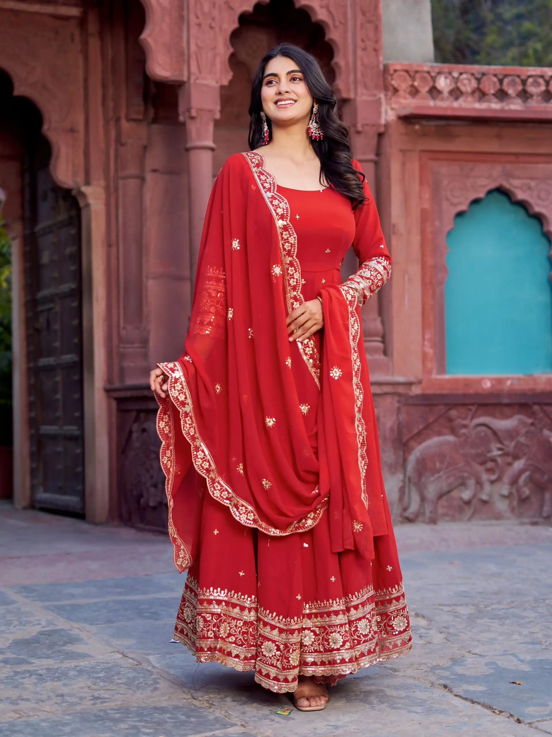 SP 23 Red Faux Georgette Gown with Mirror Work & Embroidery Work. Get it for ₹2299. Delivery 4-6 Working Days. Online Shop now. | Gowns, Bollywood Gowns, Creative Gowns, Designer Gowns, Embroidered Gowns, Party Wear Gowns