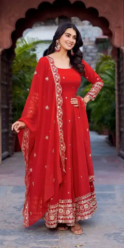 SP 23 Red Faux Georgette Gown with Mirror Work & Embroidery Work. Get it for ₹2299. Delivery 4-6 Working Days. Online Shop now. | Gowns, Bollywood Gowns, Creative Gowns, Designer Gowns, Embroidered Gowns, Party Wear Gowns