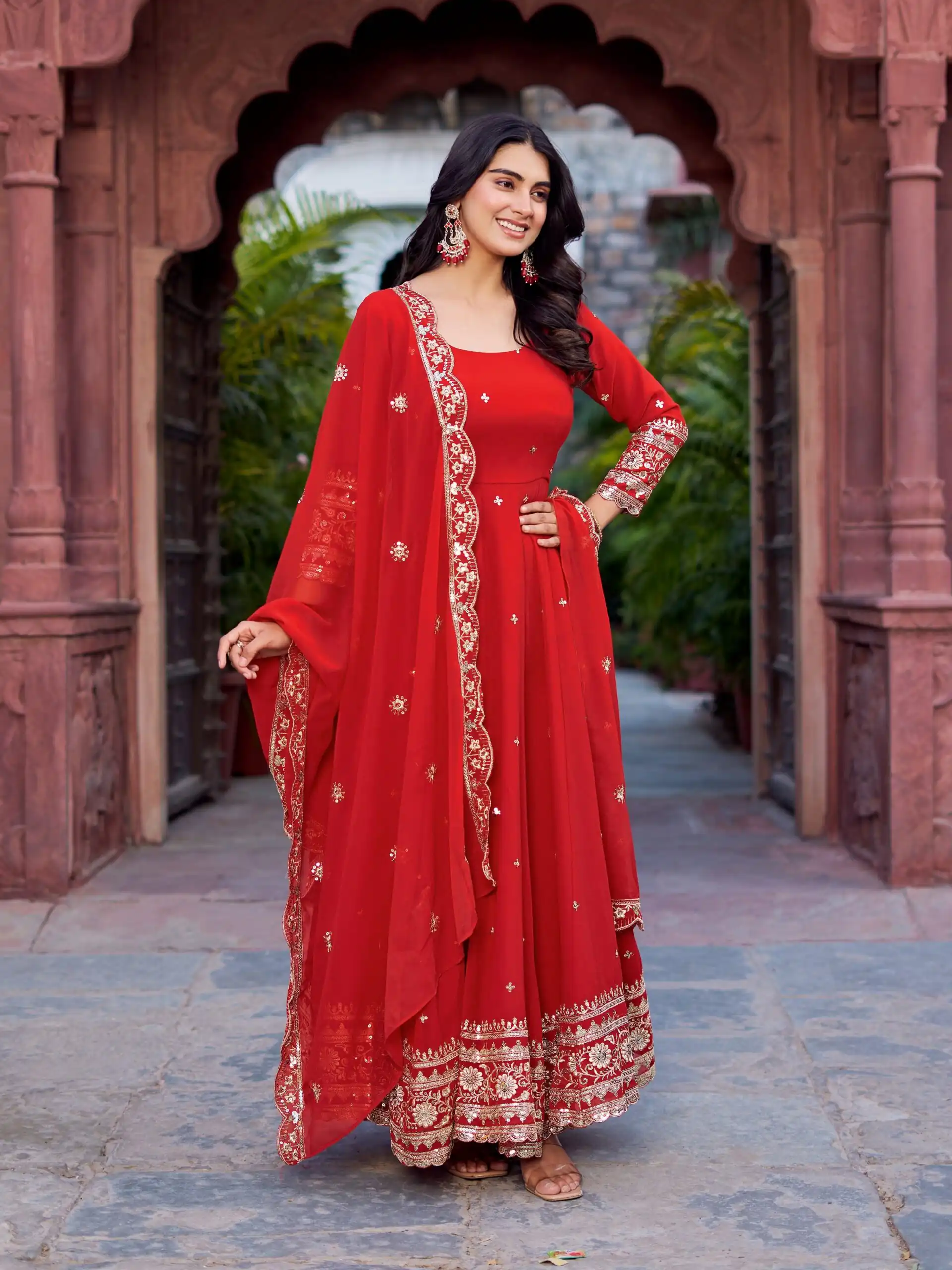 SP 23 Red Faux Georgette Gown with Mirror Work & Embroidery Work. Get it for ₹2299. Delivery 4-6 Working Days. Online Shop now. | Gowns, Bollywood Gowns, Creative Gowns, Designer Gowns, Embroidered Gowns, Party Wear Gowns