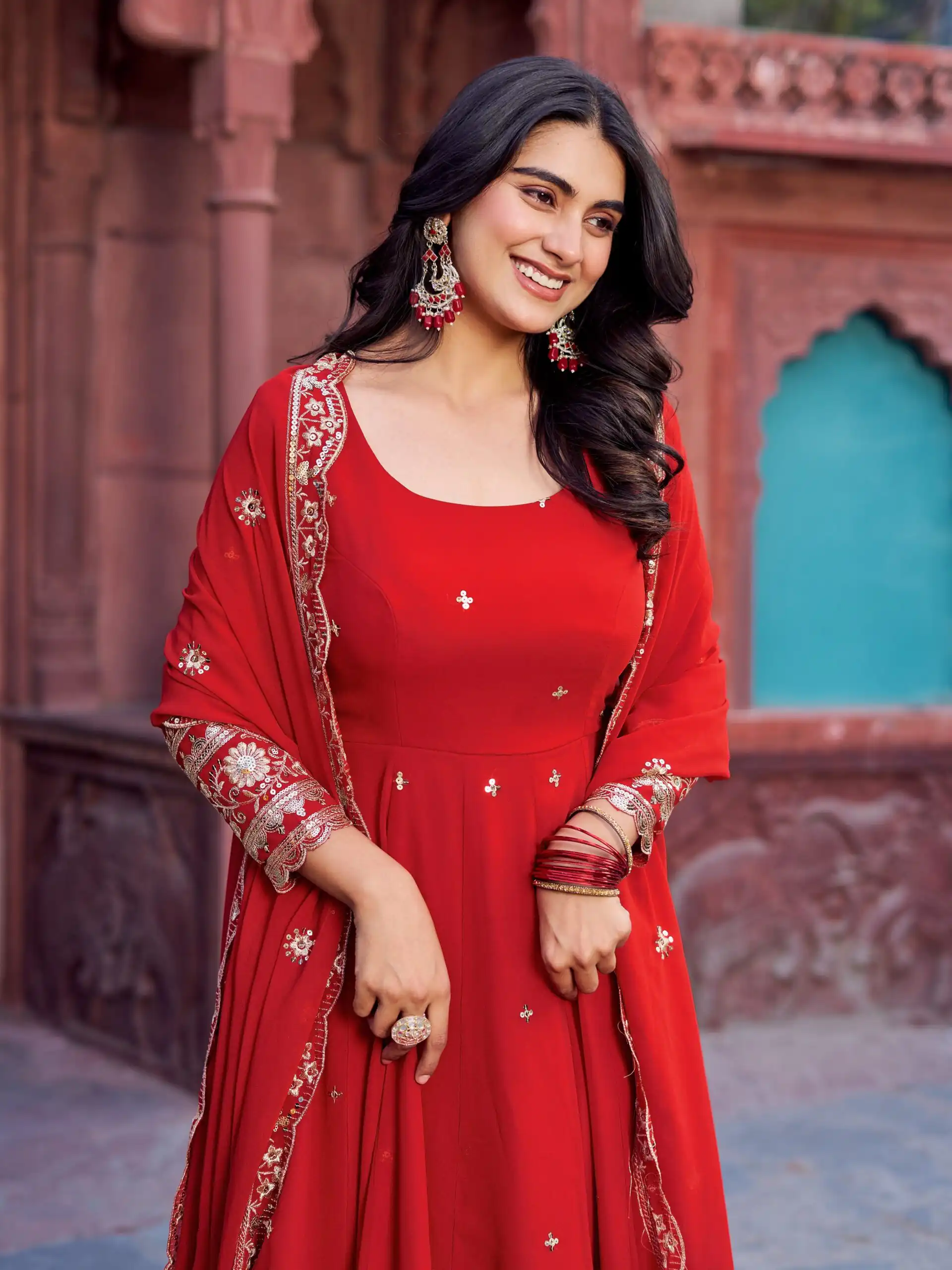 SP 23 Red Faux Georgette Gown with Mirror Work & Embroidery Work. Get it for ₹2299. Delivery 4-6 Working Days. Online Shop now. | Gowns, Bollywood Gowns, Creative Gowns, Designer Gowns, Embroidered Gowns, Party Wear Gowns