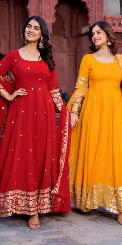 SP 23 Red Faux Georgette Gown with Mirror Work & Embroidery Work. Get it for ₹2299. Delivery 4-6 Working Days. Online Shop now. | Gowns, Bollywood Gowns, Creative Gowns, Designer Gowns, Embroidered Gowns, Party Wear Gowns