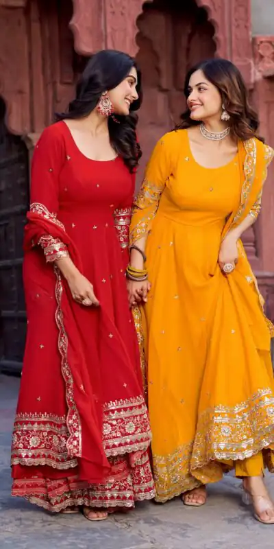 SP 23 Red Faux Georgette Gown with Mirror Work & Embroidery Work. Get it for ₹2299. Delivery 4-6 Working Days. Online Shop now. | Gowns, Bollywood Gowns, Creative Gowns, Designer Gowns, Embroidered Gowns, Party Wear Gowns
