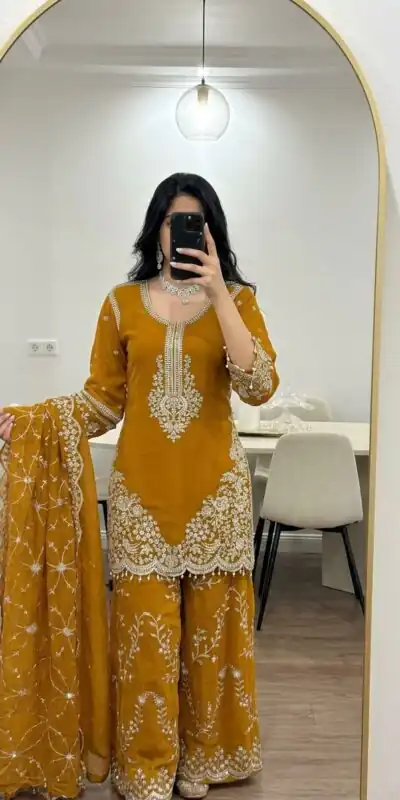 ZSR 3187 Yellow Faux Georgette Salwar Suit with Mirror Work & Embroidery Work. Get it for ₹2349. Delivery 4-6 Working Days. Shop now. | Jump Suits, Salwar suit, Casual Suits, Creative suits, Designer Suits, Palazzo Suits, Party Wear Suits, Patiala Suits, Straight Suits