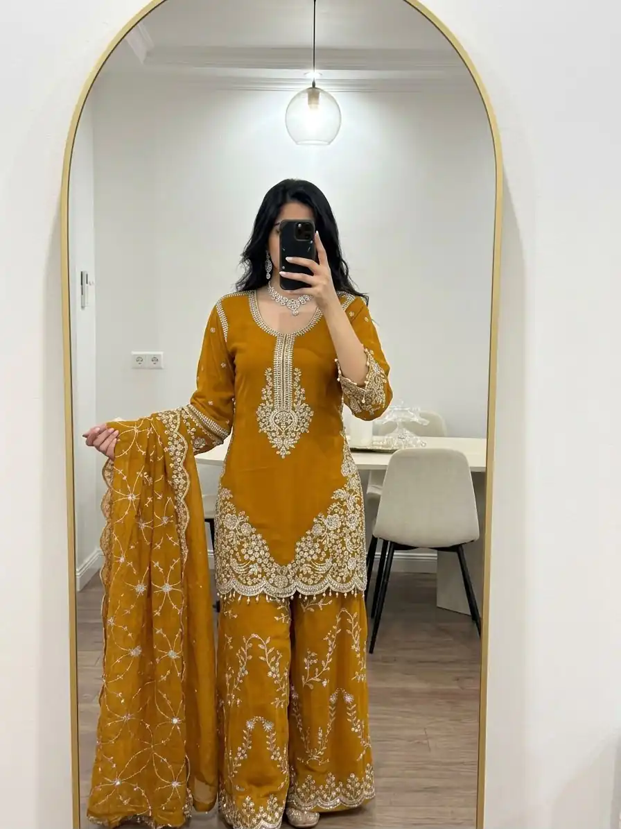 ZSR 3187 Yellow Faux Georgette Salwar Suit with Mirror Work & Embroidery Work. Get it for ₹2349. Delivery 4-6 Working Days. Shop now. | Jump Suits, Salwar suit, Casual Suits, Creative suits, Designer Suits, Palazzo Suits, Party Wear Suits, Patiala Suits, Straight Suits