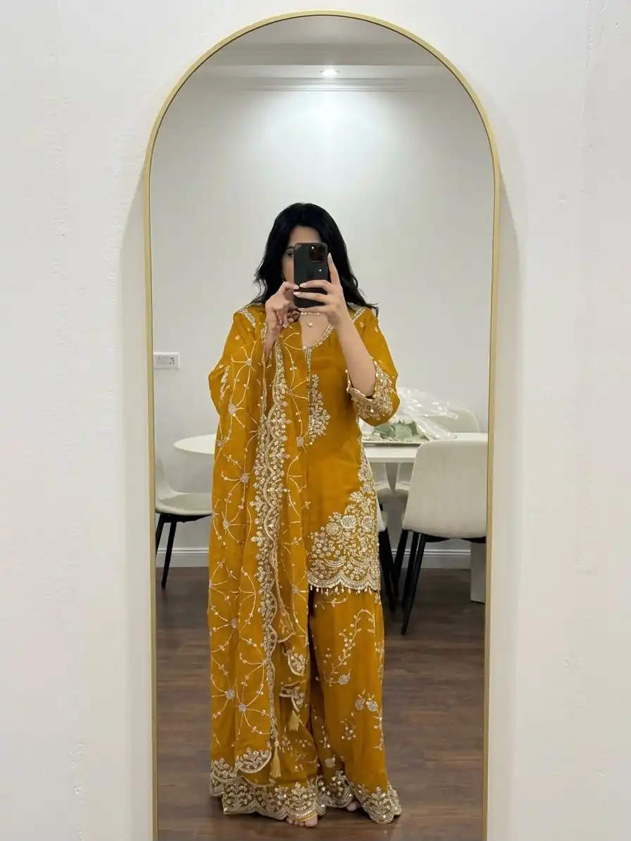 ZSR 3187 Yellow Faux Georgette Salwar Suit with Mirror Work & Embroidery Work. Get it for ₹2349. Delivery 4-6 Working Days. Shop now. | Jump Suits, Salwar suit, Casual Suits, Creative suits, Designer Suits, Palazzo Suits, Party Wear Suits, Patiala Suits, Straight Suits