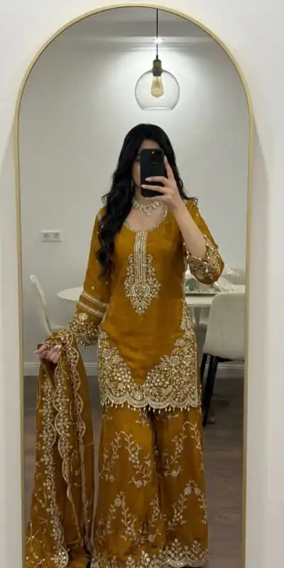 ZSR 3187 Yellow Faux Georgette Salwar Suit with Mirror Work & Embroidery Work. Get it for ₹2349. Delivery 4-6 Working Days. Shop now. | Jump Suits, Salwar suit, Casual Suits, Creative suits, Designer Suits, Palazzo Suits, Party Wear Suits, Patiala Suits, Straight Suits