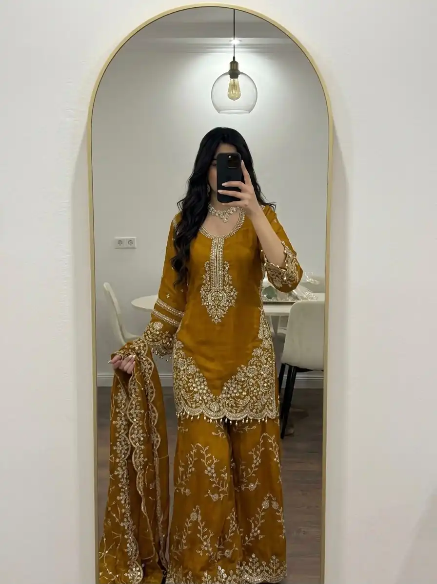 ZSR 3187 Yellow Faux Georgette Salwar Suit with Mirror Work & Embroidery Work. Get it for ₹2349. Delivery 4-6 Working Days. Shop now. | Jump Suits, Salwar suit, Casual Suits, Creative suits, Designer Suits, Palazzo Suits, Party Wear Suits, Patiala Suits, Straight Suits