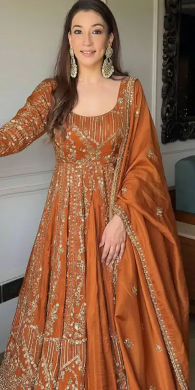 VLM 297 Orange Crunchy Silk with Lace Work & Embroidery Work Gown . Introductory Price ₹2499. Delivery 4-6 Working Days. Shop now. | Gowns, Bollywood Gowns, Creative Gowns, Designer Gowns, Embroidered Gowns, Party Wear Gowns